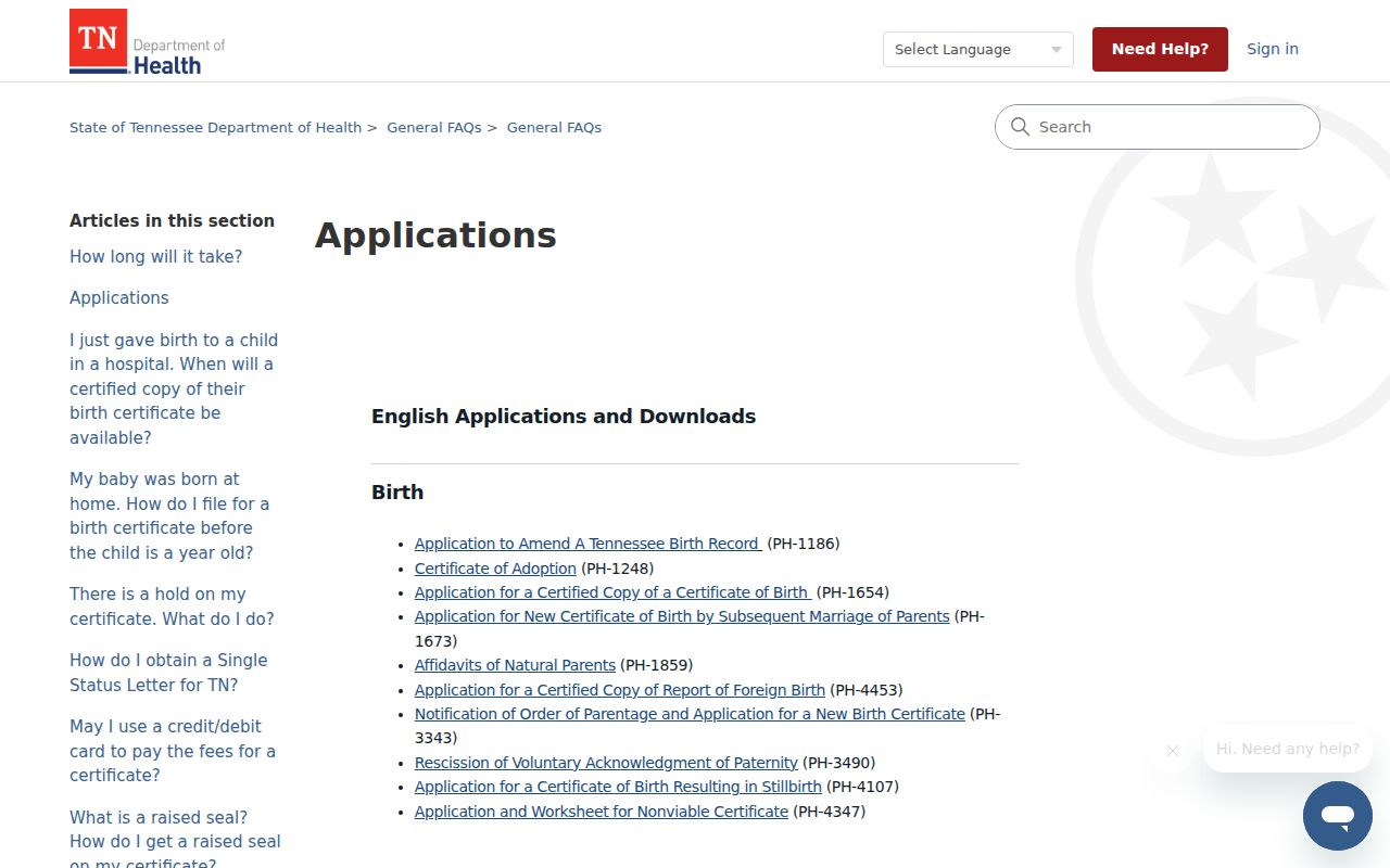Cookeville public records access through Tennessee vital applications